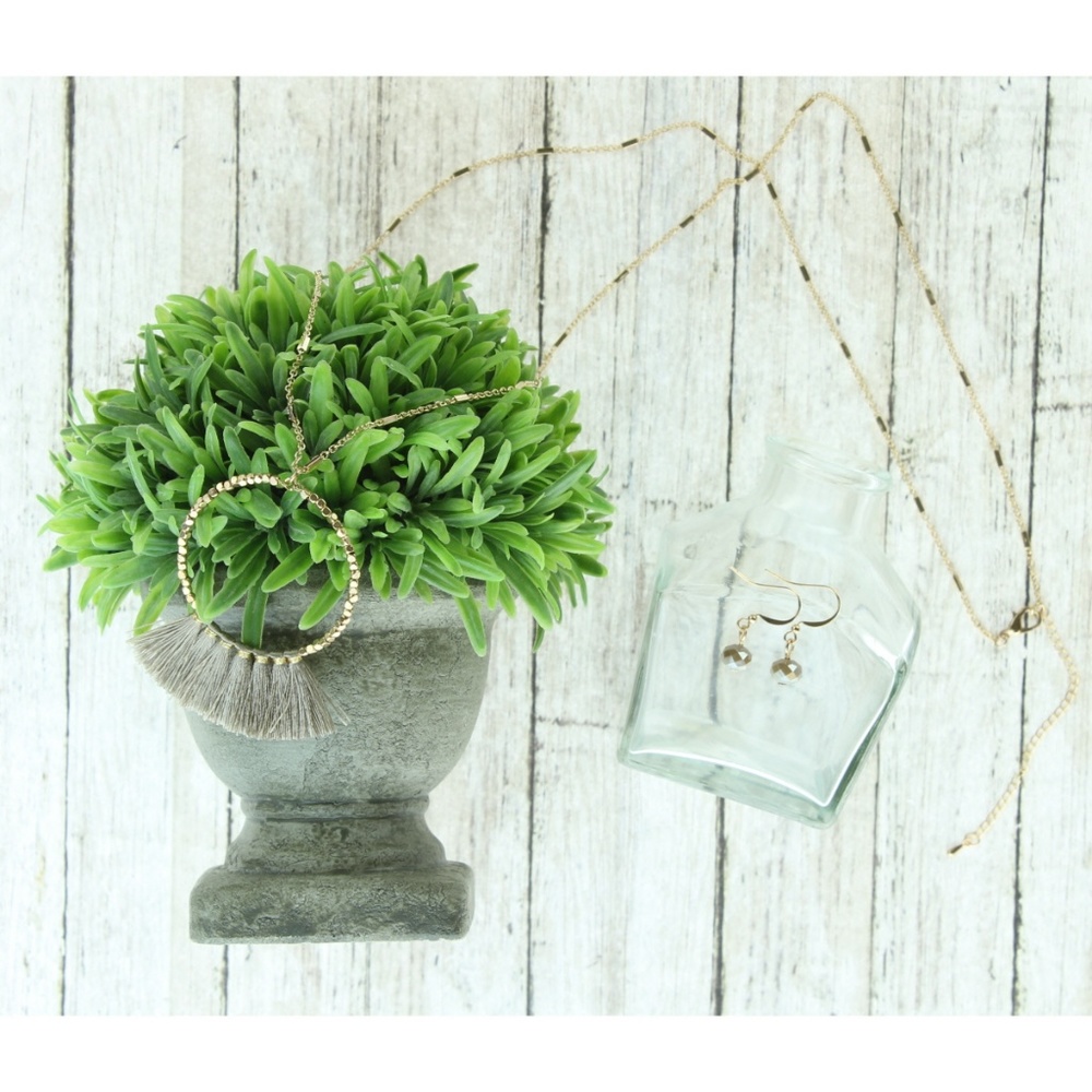 Beaded Hoop with Tan Fabric Tassels Necklace 36" - Picture 2 of 2